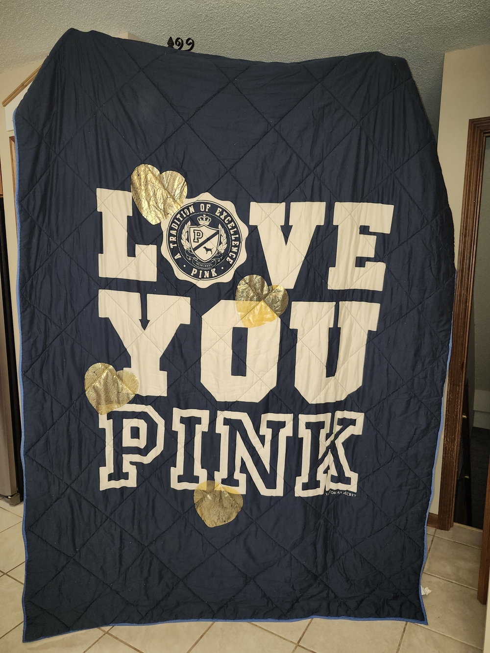 PINK Victoria's Secret Navy Quilted Throw with Gold Heart Accents